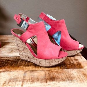 Coral Carlos Santana summer peep-toe wedges